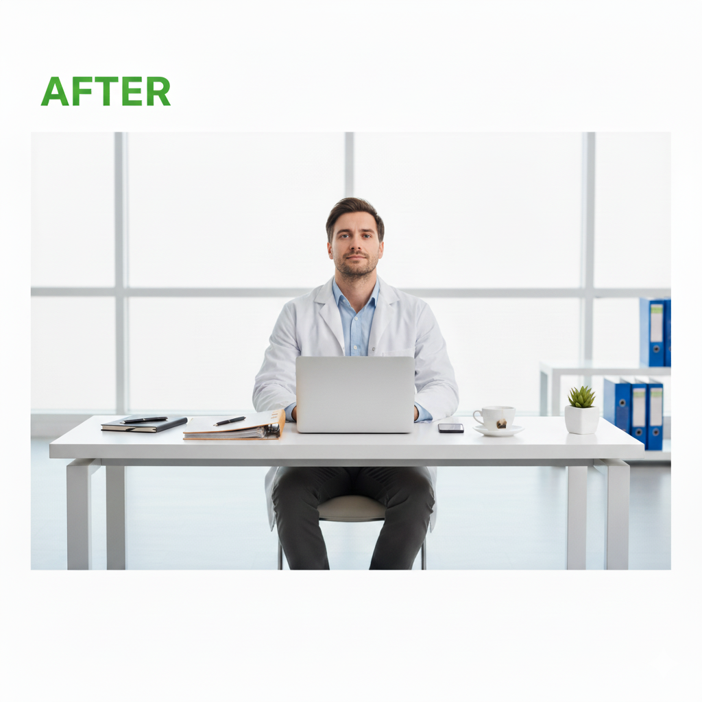 Confident professional with a clean desk using an organized patent search routine