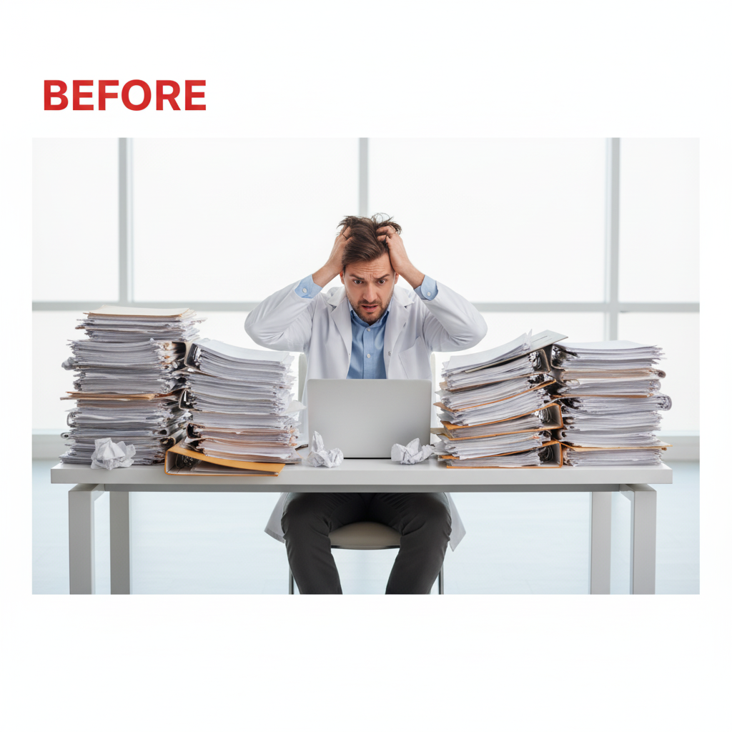 Frustrated professional surrounded by stacks of patent documents on the desk spending lots of time to get to the required information to draw meaningful next step conclusions
